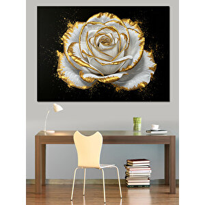 Altın Kenarlı Beyaz Gül Dekoratif Kanvas - Mdf Ahşap Tablo