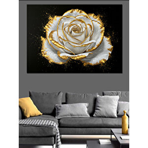 Altın Kenarlı Beyaz Gül Dekoratif Kanvas - Mdf Ahşap Tablo