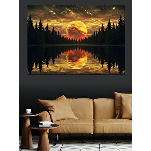 Göl Manzarasında Gün Batımı Dekoratif Kanvas - Mdf Ahşap Tablo 35x50 cm
