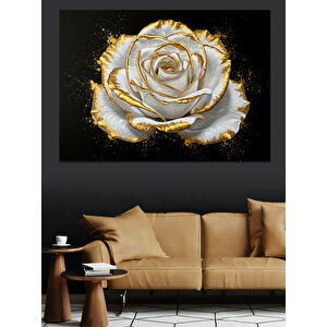 Altın Kenarlı Beyaz Gül Dekoratif Kanvas - Mdf Ahşap Tablo 100x140 cm
