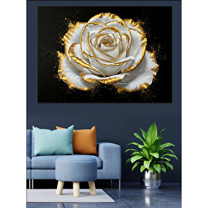 Altın Kenarlı Beyaz Gül Dekoratif Kanvas - Mdf Ahşap Tablo 100x140 cm