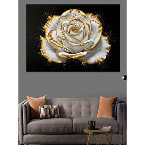 Altın Kenarlı Beyaz Gül Dekoratif Kanvas - Mdf Ahşap Tablo 100x140 cm