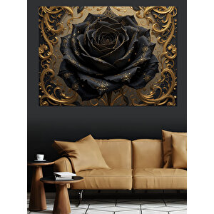Simsiyah Gül Altın Desen Dekoratif Kanvas - Mdf Ahşap Tablo 70x100 cm