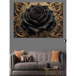 Simsiyah Gül Altın Desen Dekoratif Kanvas - Mdf Ahşap Tablo 70x100 cm