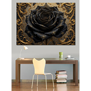 Simsiyah Gül Altın Desen Dekoratif Kanvas - Mdf Ahşap Tablo
