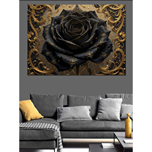 Simsiyah Gül Altın Desen Dekoratif Kanvas - Mdf Ahşap Tablo