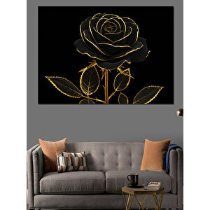 Altın Hatlı Siyah Gül Dekoratif Kanvas - Mdf Ahşap Tablo 100x140 cm