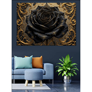 Simsiyah Gül Altın Desen Dekoratif Kanvas - Mdf Ahşap Tablo 100x140 cm