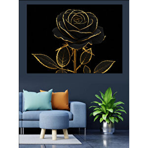 Altın Hatlı Siyah Gül Dekoratif Kanvas - Mdf Ahşap Tablo 50x70 cm