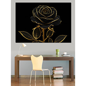 Altın Hatlı Siyah Gül Dekoratif Kanvas - Mdf Ahşap Tablo 50x70 cm