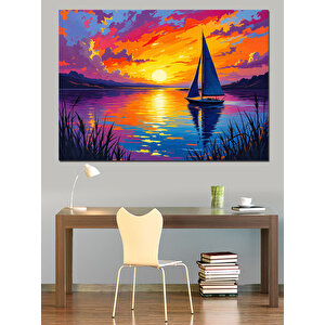 Gün Batımında Yelkenli Tekne Dekoratif Kanvas - Mdf Ahşap Tablo