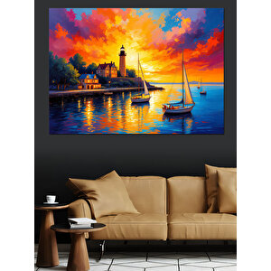 Gün Batımında Deniz Feneri Dekoratif Kanvas - Mdf Ahşap Tablo