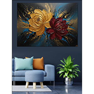 Altın Mavi Gül Deseni Dekoratif Kanvas - Mdf Ahşap Tablo 100x140 cm