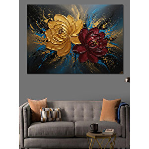 Altın Mavi Gül Deseni Dekoratif Kanvas - Mdf Ahşap Tablo 100x140 cm