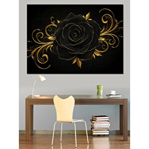 Altın Desenli Siyah Gül Dekoratif Kanvas - Mdf Ahşap Tablo 100x140 cm