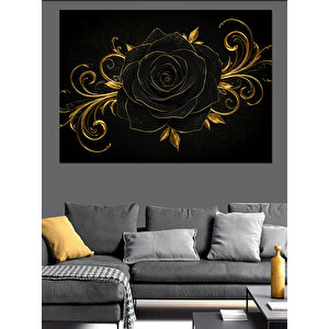 Altın Desenli Siyah Gül Dekoratif Kanvas - Mdf Ahşap Tablo 100x140 cm