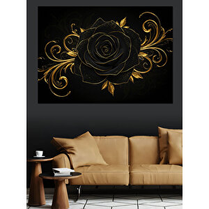 Altın Desenli Siyah Gül Dekoratif Kanvas - Mdf Ahşap Tablo 100x140 cm