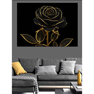 Altın Hatlı Siyah Gül Dekoratif Kanvas - Mdf Ahşap Tablo