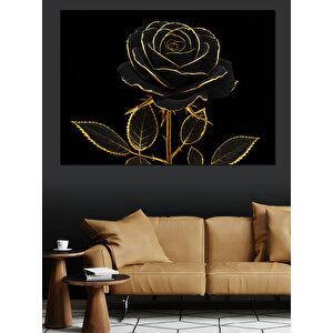 Altın Hatlı Siyah Gül Dekoratif Kanvas - Mdf Ahşap Tablo