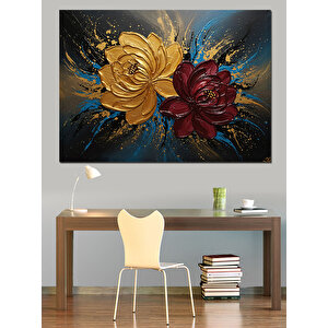 Altın Mavi Gül Deseni Dekoratif Kanvas - Mdf Ahşap Tablo 50x70 cm