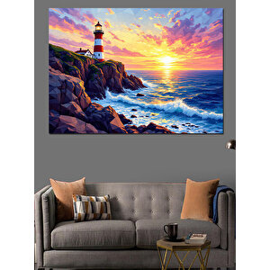 Kayalıkta Gün Batımı Feneri Dekoratif Kanvas - Mdf Ahşap Tablo 35x50 cm