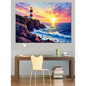 Kayalıkta Gün Batımı Feneri Dekoratif Kanvas - Mdf Ahşap Tablo 35x50 cm