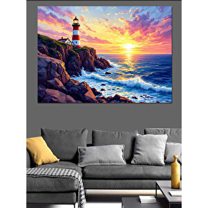 Kayalıkta Gün Batımı Feneri Dekoratif Kanvas - Mdf Ahşap Tablo 35x50 cm