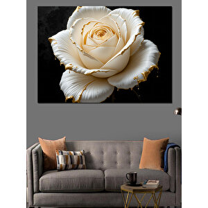 Altın Uçlu Beyaz Gül Dekoratif Kanvas - Mdf Ahşap Tablo 70x100 cm