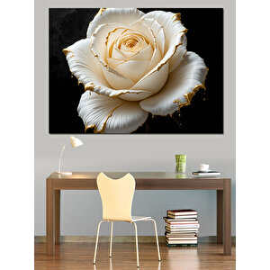 Altın Uçlu Beyaz Gül Dekoratif Kanvas - Mdf Ahşap Tablo 70x100 cm