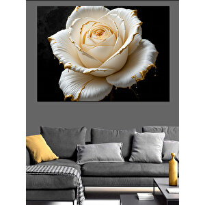 Altın Uçlu Beyaz Gül Dekoratif Kanvas - Mdf Ahşap Tablo