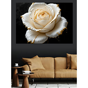 Altın Uçlu Beyaz Gül Dekoratif Kanvas - Mdf Ahşap Tablo