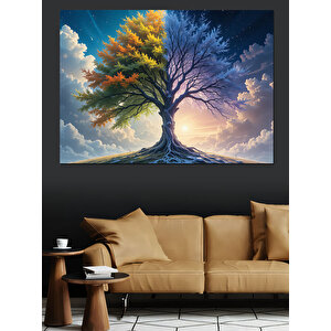 Mor Mavi Ağaç Gün Doğumu Dekoratif Kanvas - Mdf Ahşap Tablo 100x140 cm