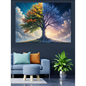 Mor Mavi Ağaç Gün Doğumu Dekoratif Kanvas - Mdf Ahşap Tablo 100x140 cm