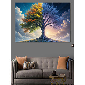 Mor Mavi Ağaç Gün Doğumu Dekoratif Kanvas - Mdf Ahşap Tablo 100x140 cm