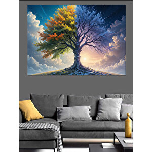 Mor Mavi Ağaç Gün Doğumu Dekoratif Kanvas - Mdf Ahşap Tablo