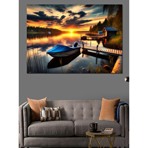 Gölde Gün Batımı Ve Kayık Dekoratif Kanvas - Mdf Ahşap Tablo 100x140 cm