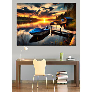 Gölde Gün Batımı Ve Kayık Dekoratif Kanvas - Mdf Ahşap Tablo 100x140 cm
