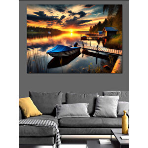 Gölde Gün Batımı Ve Kayık Dekoratif Kanvas - Mdf Ahşap Tablo 100x140 cm