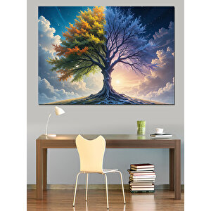 Mor Mavi Ağaç Gün Doğumu Dekoratif Kanvas - Mdf Ahşap Tablo