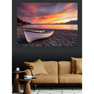 Gün Batımında Sahilde Kayık Dekoratif Kanvas - Mdf Ahşap Tablo 70x100 cm