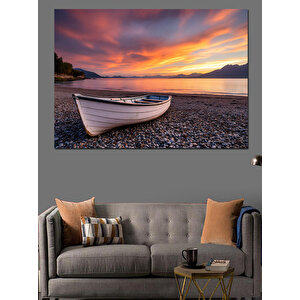 Gün Batımında Sahilde Kayık Dekoratif Kanvas - Mdf Ahşap Tablo 70x100 cm