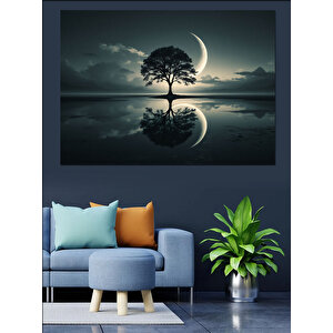 Ay Işığında Ağaç Dekoratif Kanvas - Mdf Ahşap Tablo 35x50 cm