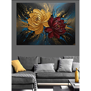 Altın Mavi Gül Deseni Dekoratif Kanvas - Mdf Ahşap Tablo