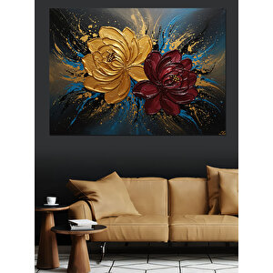 Altın Mavi Gül Deseni Dekoratif Kanvas - Mdf Ahşap Tablo