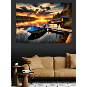 Gölde Gün Batımı Ve Kayık Dekoratif Kanvas - Mdf Ahşap Tablo