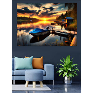 Gölde Gün Batımı Ve Kayık Dekoratif Kanvas - Mdf Ahşap Tablo