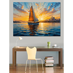 Gün Batımında Yelkenli Dekoratif Kanvas - Mdf Ahşap Tablo