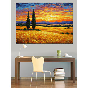 Gün Batımı Sarı Tarlalar Dekoratif Kanvas - Mdf Ahşap Tablo