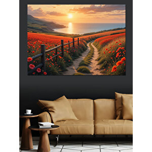 Gün Batımında Kırmızı Yol Dekoratif Kanvas - Mdf Ahşap Tablo 70x100 cm