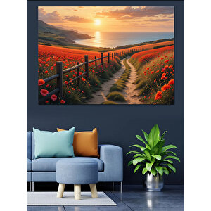 Gün Batımında Kırmızı Yol Dekoratif Kanvas - Mdf Ahşap Tablo